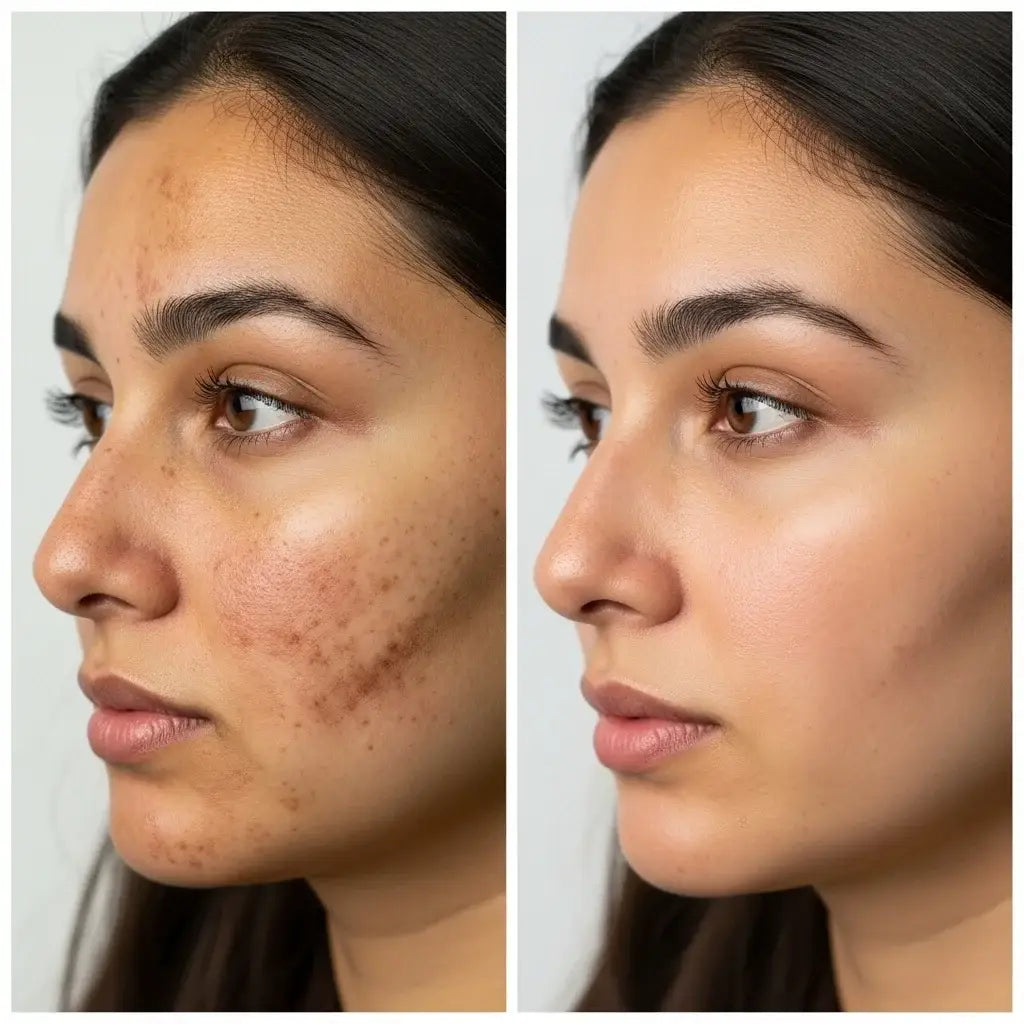 Before and after comparison of a woman's face with visible acne on the left side.