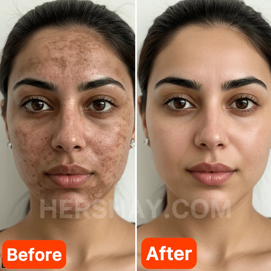 HERSHAY Before and after comparison of a woman's face with visible skin improvement.
