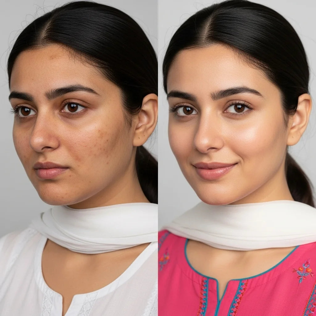 Before and after comparison of a woman with a white scarf on a gray background

