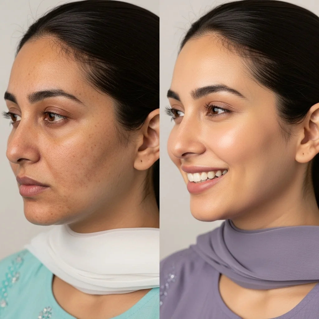 Side-by-side comparison of a woman's face with and without makeup, wearing different scarves.

