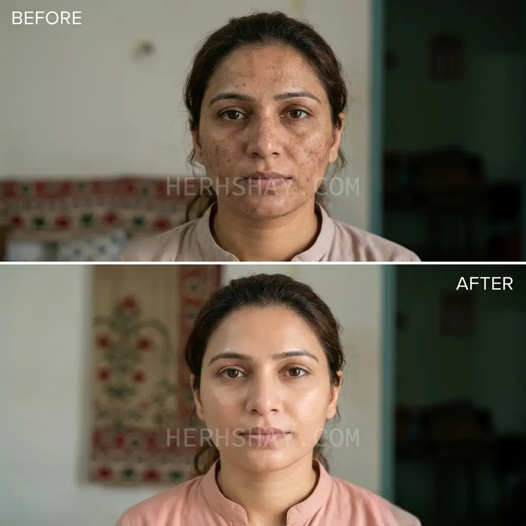 Hershay Before and after comparison of a woman's face with visible skin improvement.

