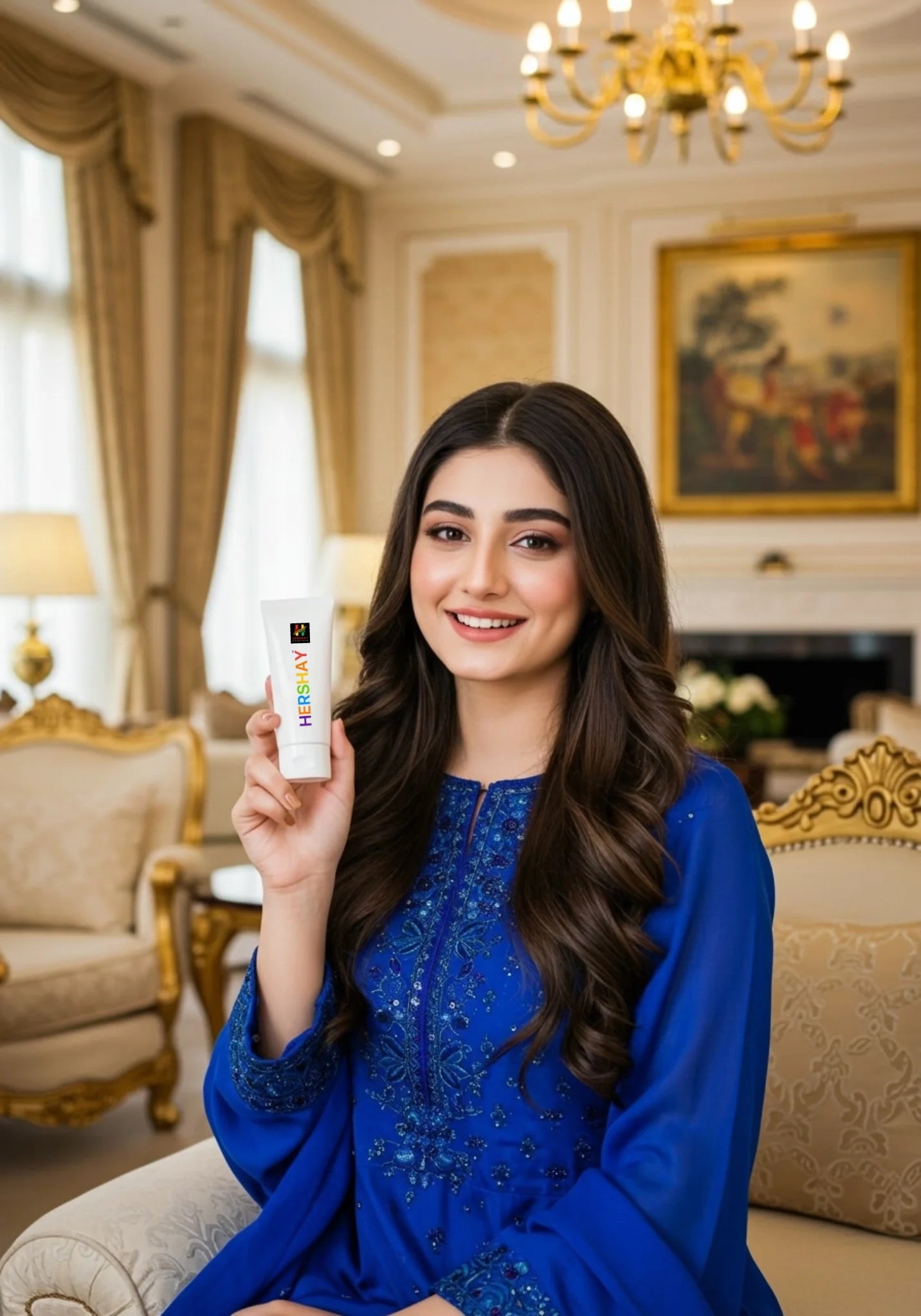 Hershay Woman in a blue dress holding a product in an elegant room with a chandelier.