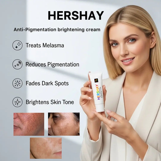 Woman holding Hershay anti-pigmentation cream with product features listed.
