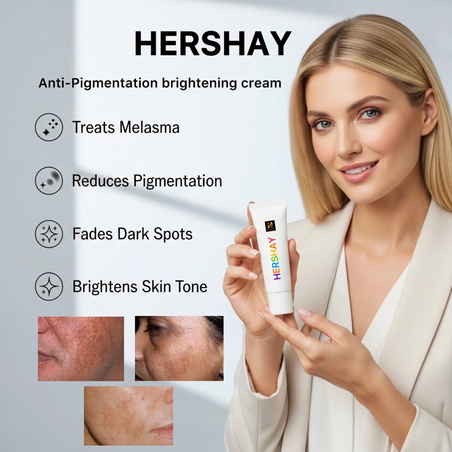 Woman holding Hershay anti-pigmentation cream with product features listed.