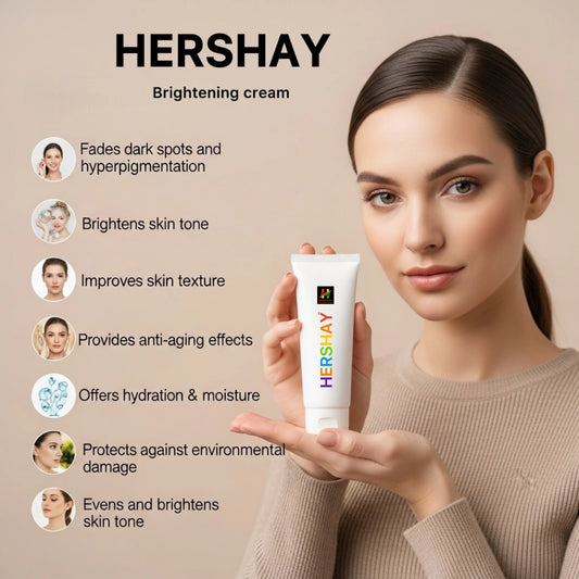 Woman holding a HERSHAY brightening cream with product features listed on a beige background

