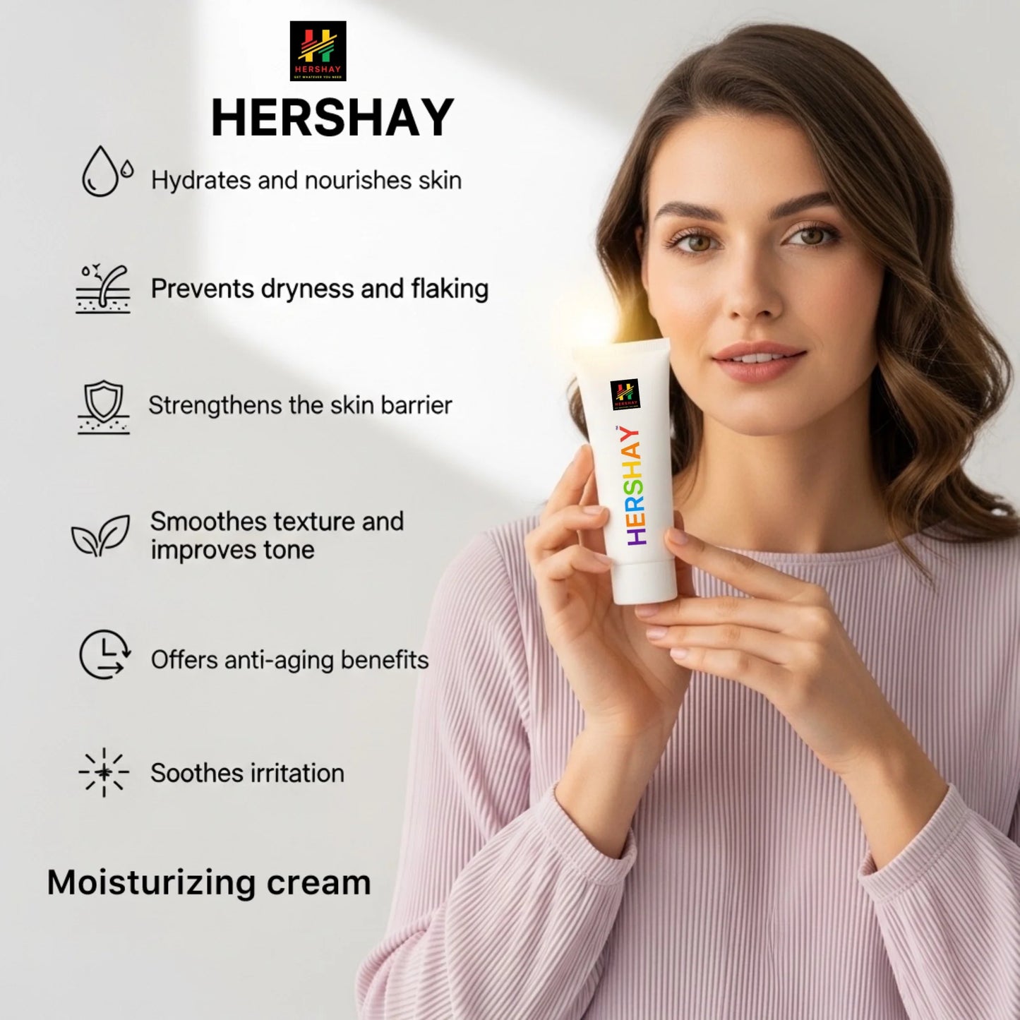 Woman holding a Hershay moisturizing cream with product features listed on a white background

