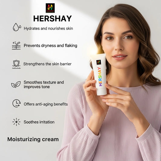 Woman holding a Hershay moisturizing cream with product features listed on a white background

