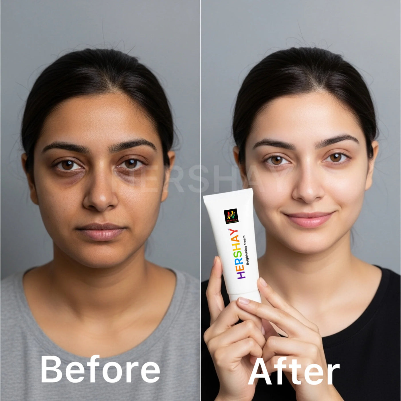 Before and after comparison of a woman's face with a Hershay product.


