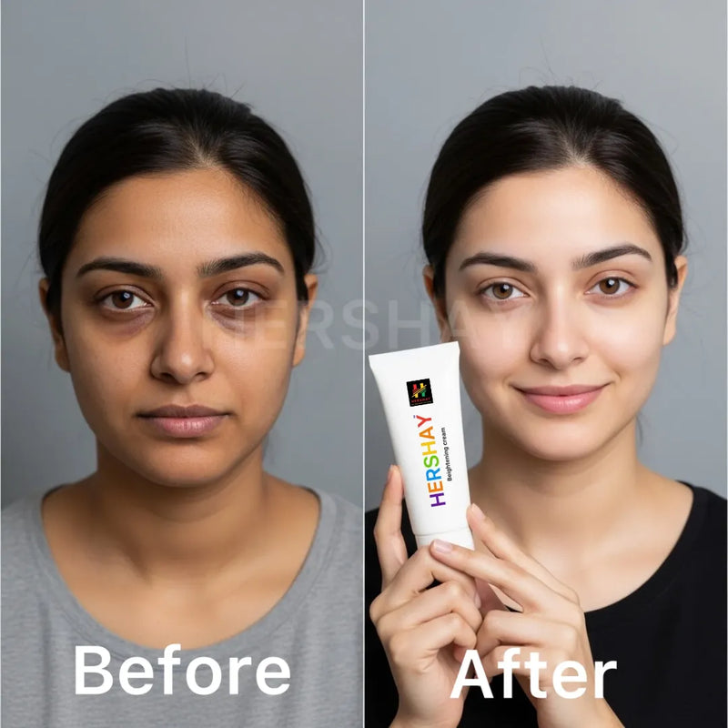 Before and after comparison of a woman's face with a Hershay product.

