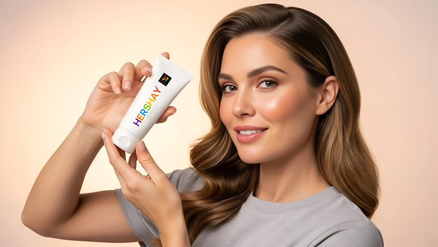 Woman holding a tube of Hershay product against a beige background

