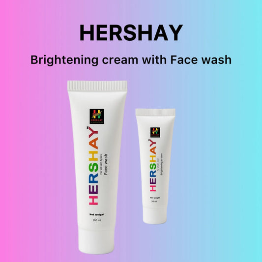 Two Hershay brightening cream and face wash tubes on a gradient background

