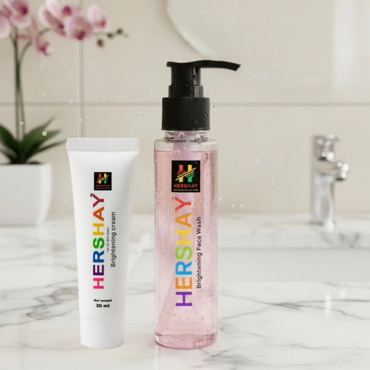 HERSHAY skincare products on a bathroom counter with a plant in the background

