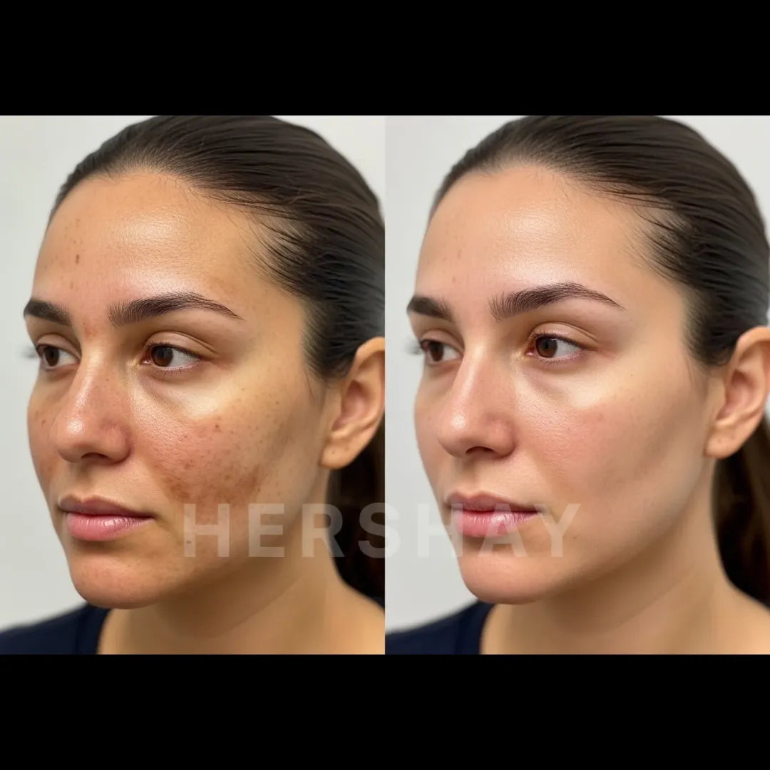 Before and after comparison of a woman's face with visible acne on a plain background.

