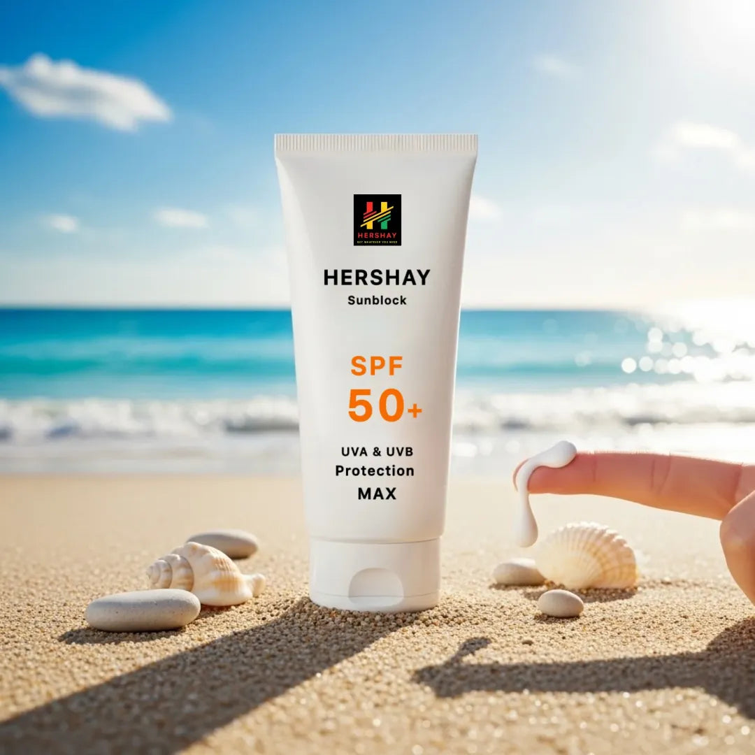 Hershay sunblock tube with beach background

