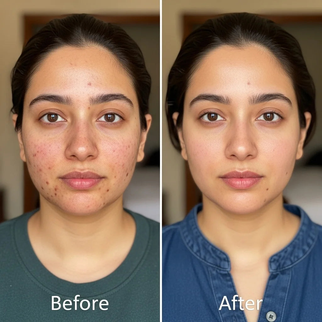 Before and after comparison of a woman's face with visible acne treatment results.

