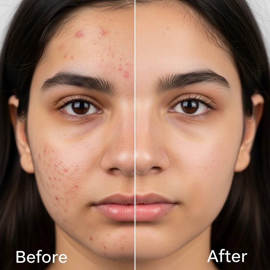 Before and after comparison of a person's face with visible acne on the left side and clear skin on the right side.

