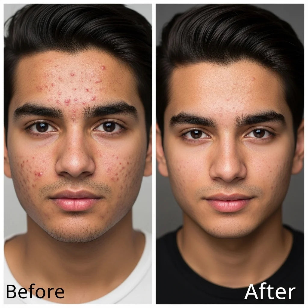 Before and after comparison of a person with acne on their face.

