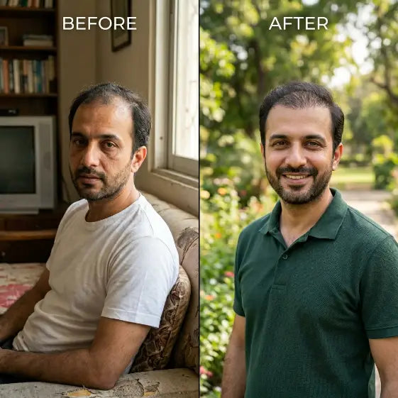 Before and after comparison of a man outdoors with greenery in the background.

