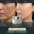 Before and after comparison of a woman's cheek showing skin brightening, with a jar of HERSHAY Anti-Pigmentation Cream
