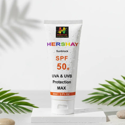 Hershay sunscreen tube with SPF 50+ on a white background

