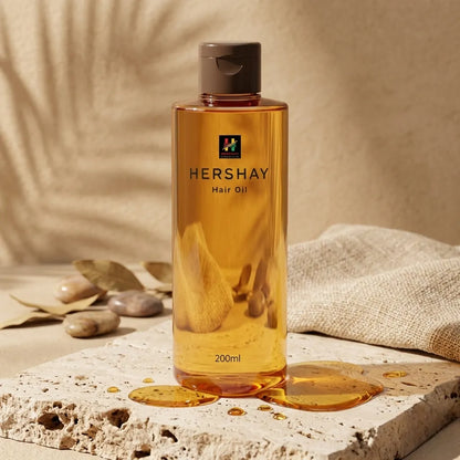 Hershay hair oil bottle on a textured surface with a neutral background

