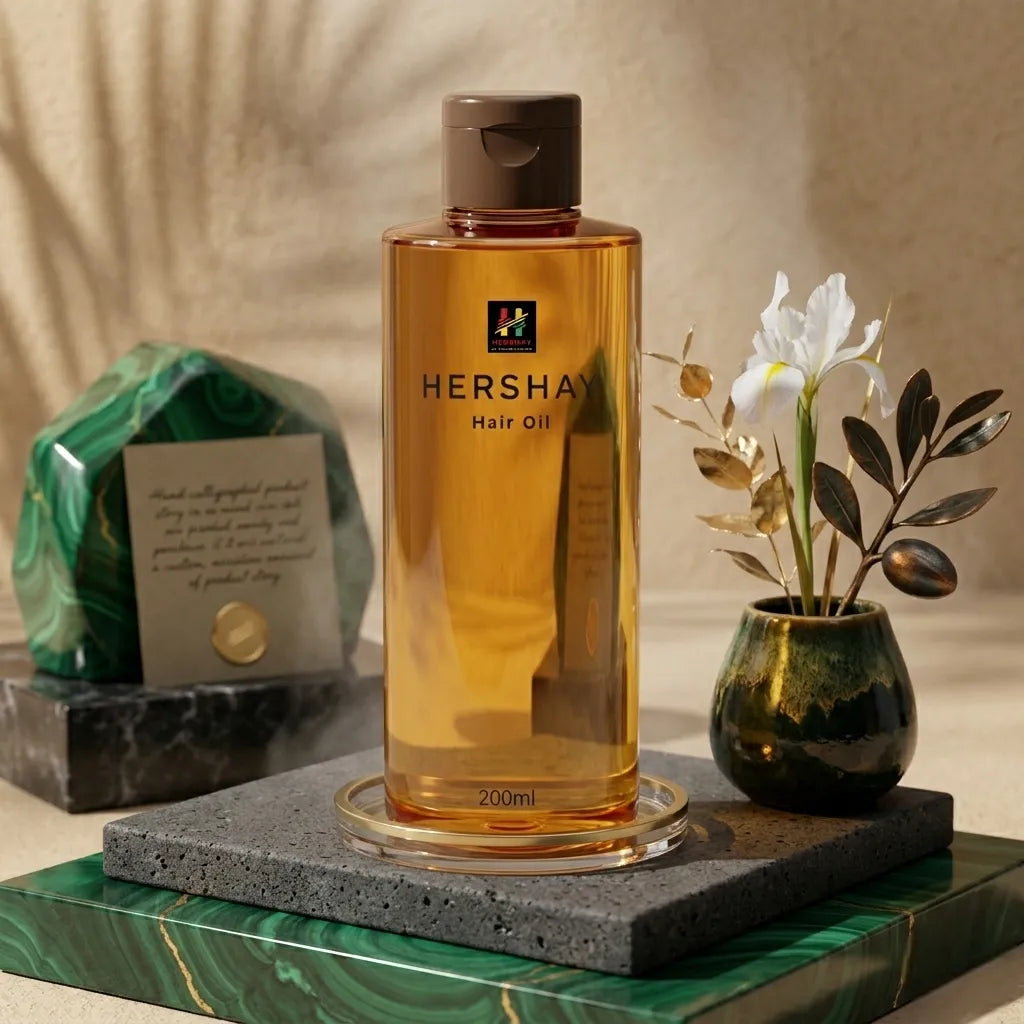 Hersha hair oil bottle on a decorative surface with a plant and marble piece.

