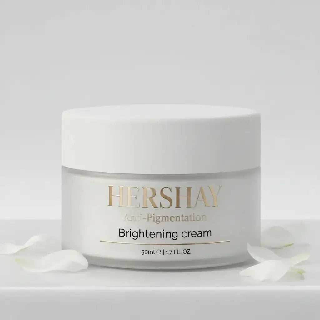 A white cosmetic cream jar labeled HERSHAY Brightening cream, shown on a clean light gray background with a few white flower petals around the base.

