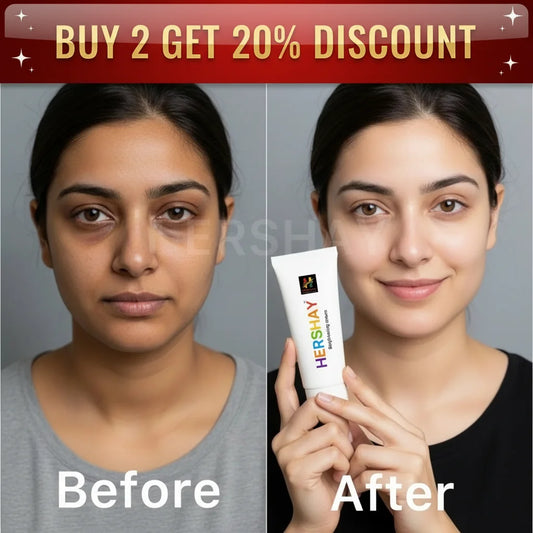 Before and after comparison of a woman using Hershay skincare product with promotional text.

