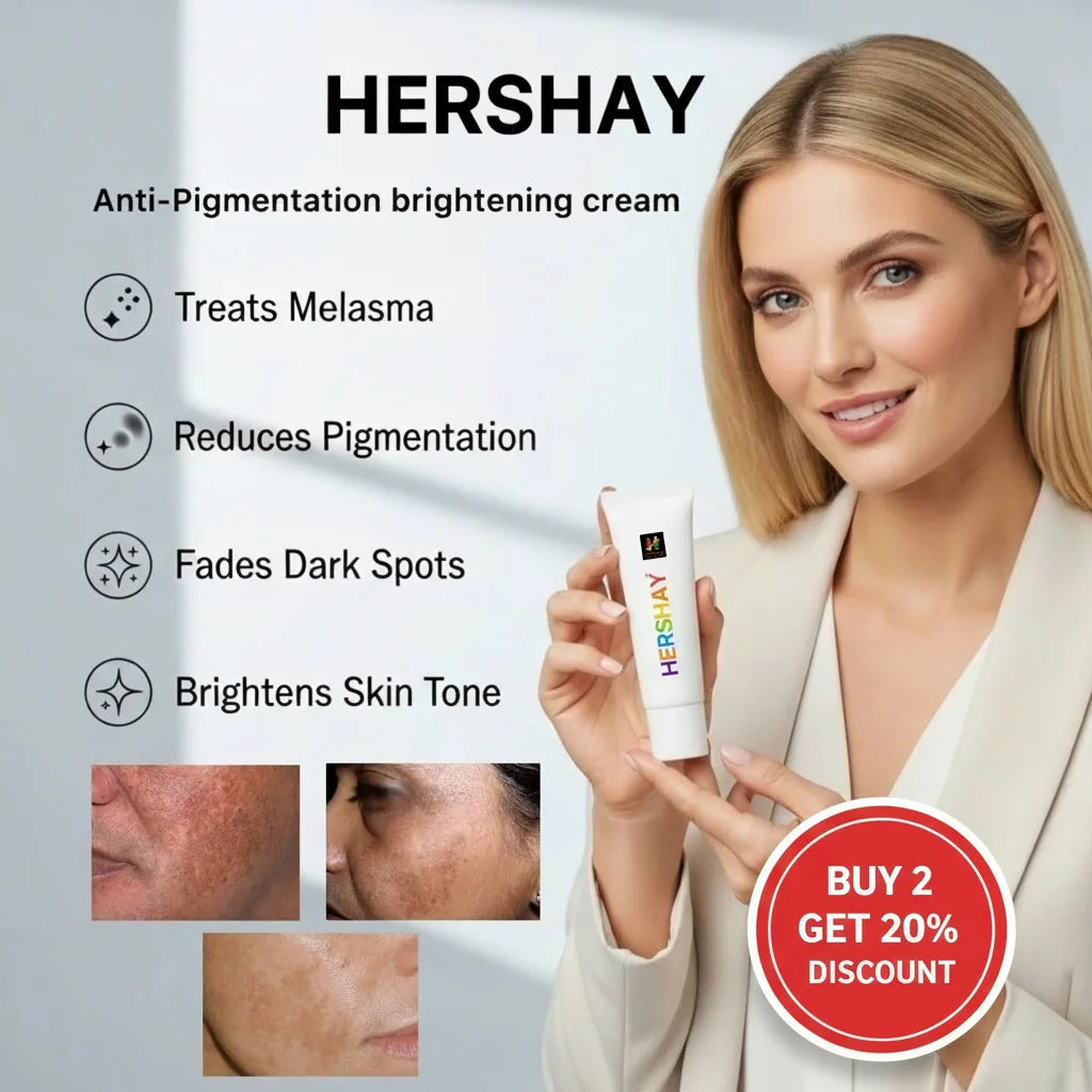 Woman holding Hershay anti-pigmentation cream with product features and discount offer on a light gray background

