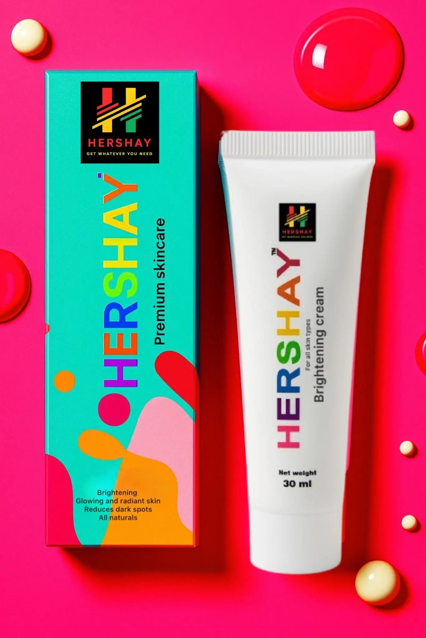 HERSHAY skincare product packaging and cream tube on a pink background