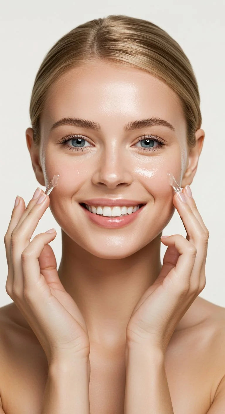 Woman applying Hershay face wash to her face with a neutral background