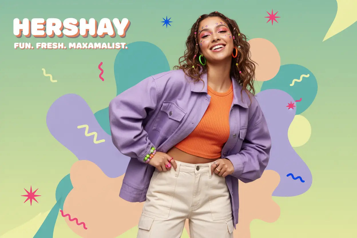 A woman modeling a lavender overshirt over an orange ribbed crop top and cream cargo pants, set against a colorful retro abstract background with the text 'HERSHAY FUN. FRESH.

