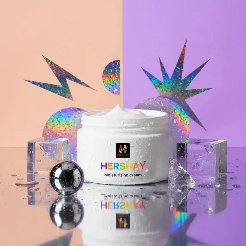 Hershay moisturizing cream jar with colorful abstract designs in the background