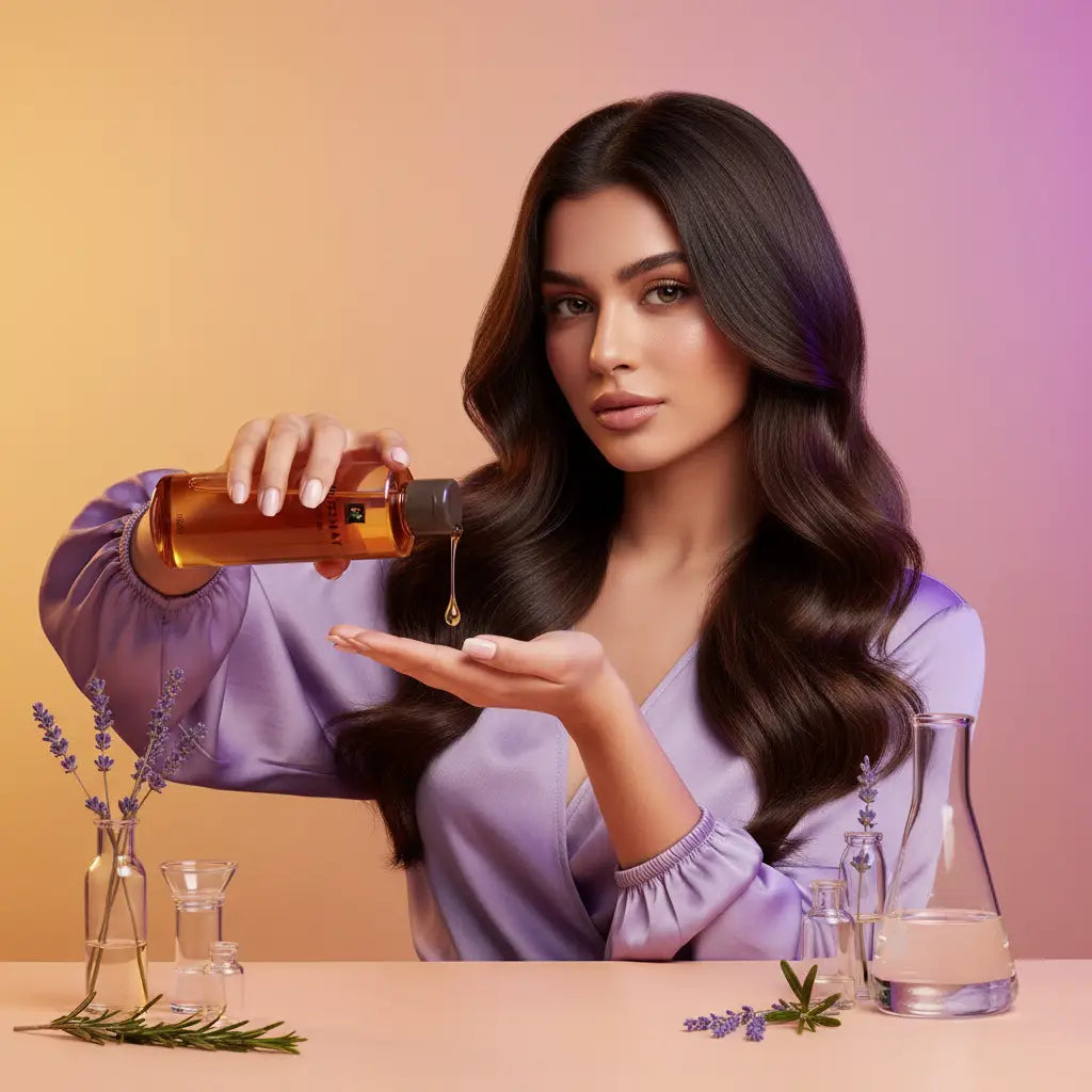 Woman pouring hershay hair oil onto her hand with a gradient background