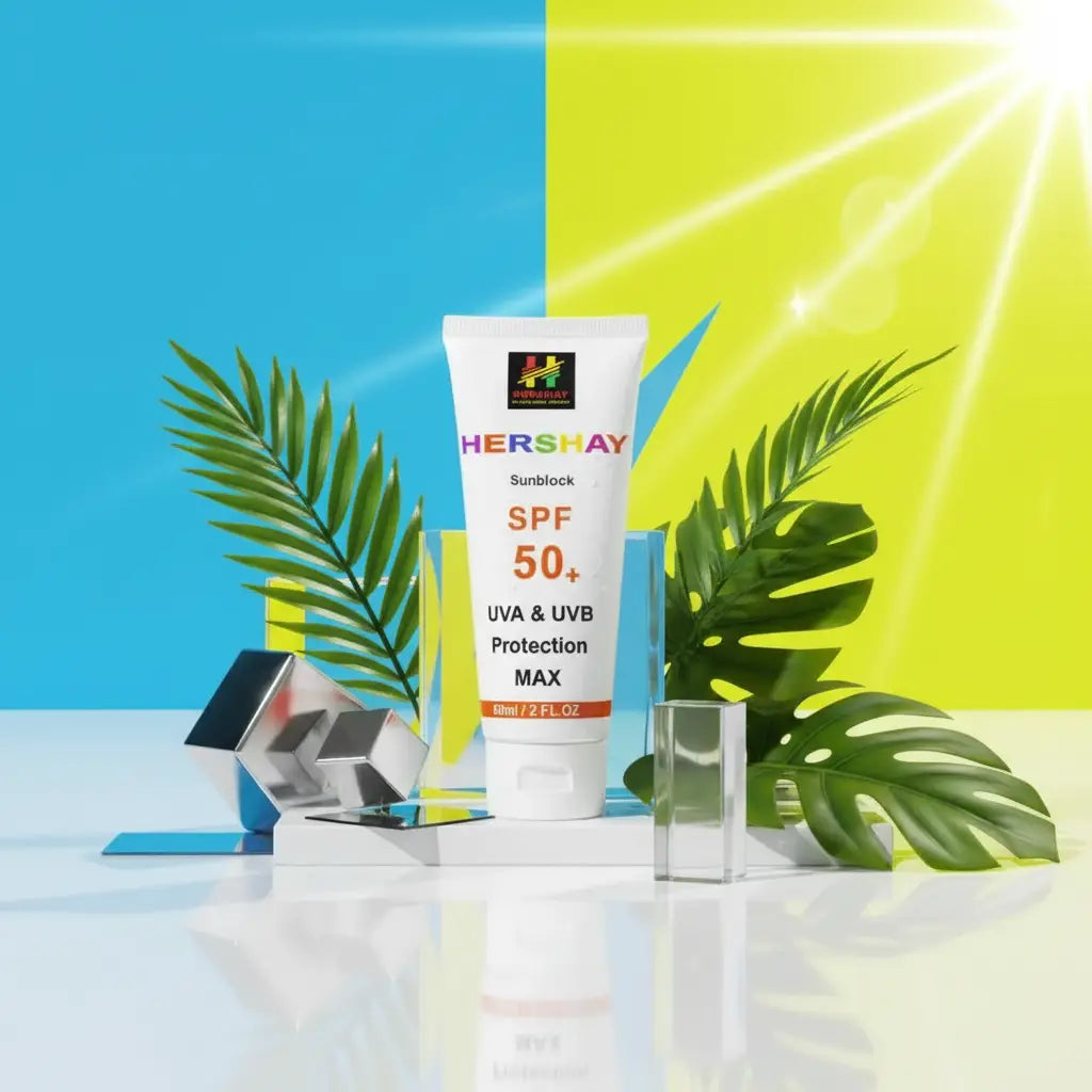 Hershay sunscreen tube with palm leaves and a colorful background