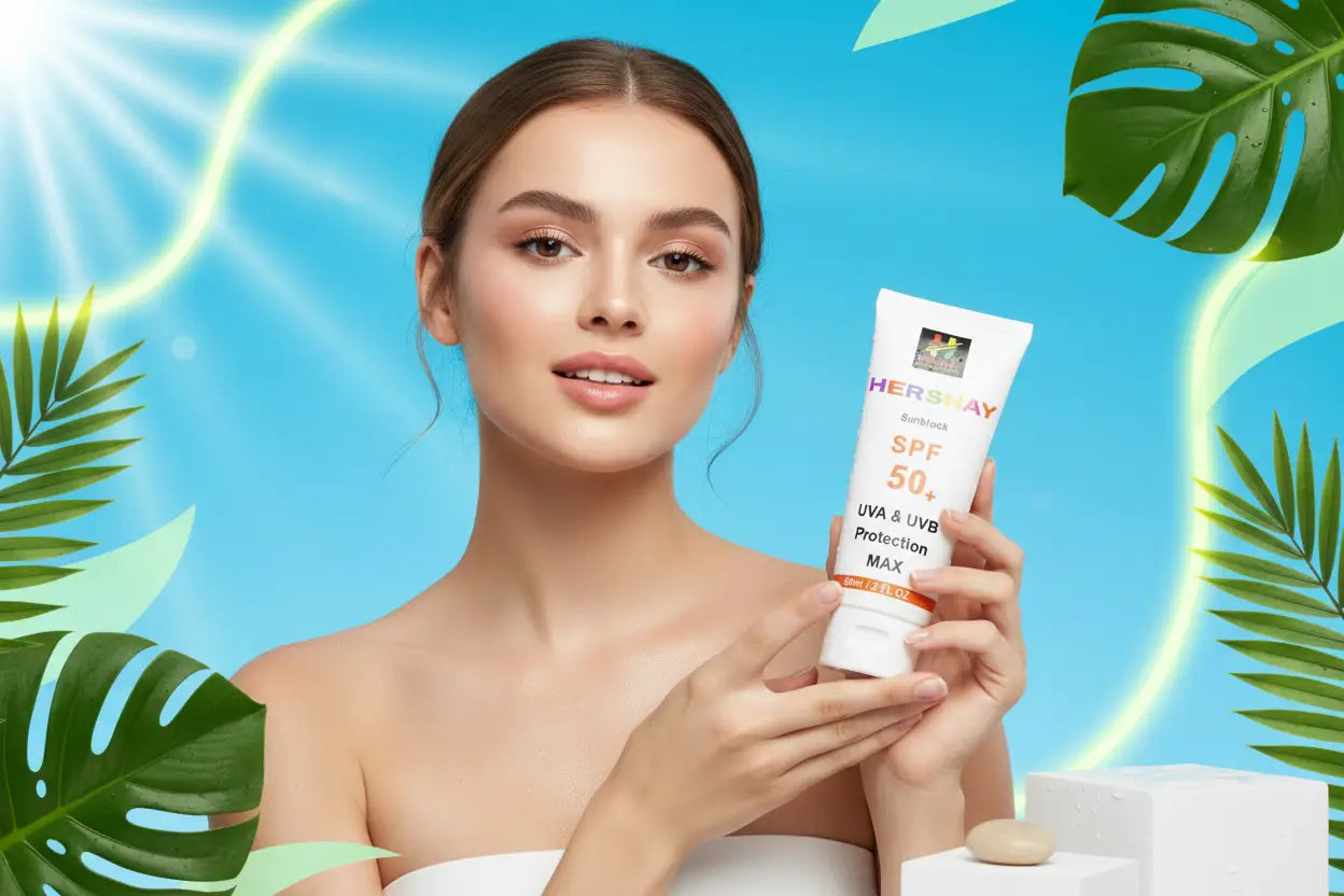Woman holding a hershay sunscreen product with a tropical background
