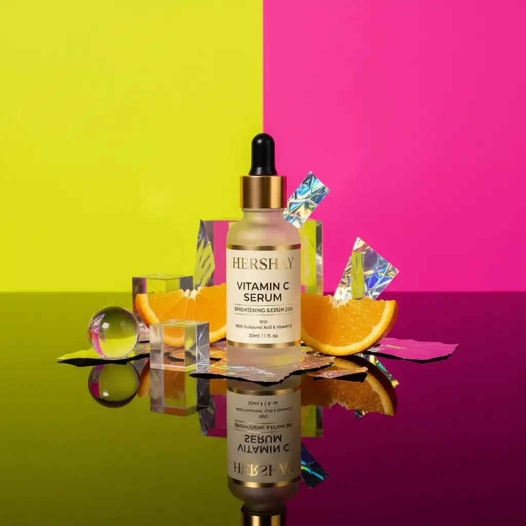 Hershay Vitamin C Serum bottle with colorful background