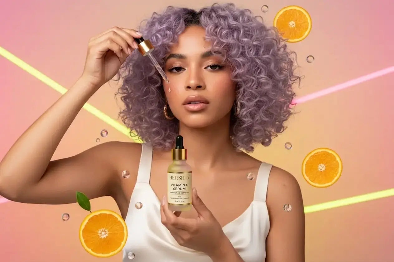 Woman holding a skincare product with oranges and a colorful background