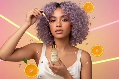 Woman holding a skincare product with oranges and a colorful background