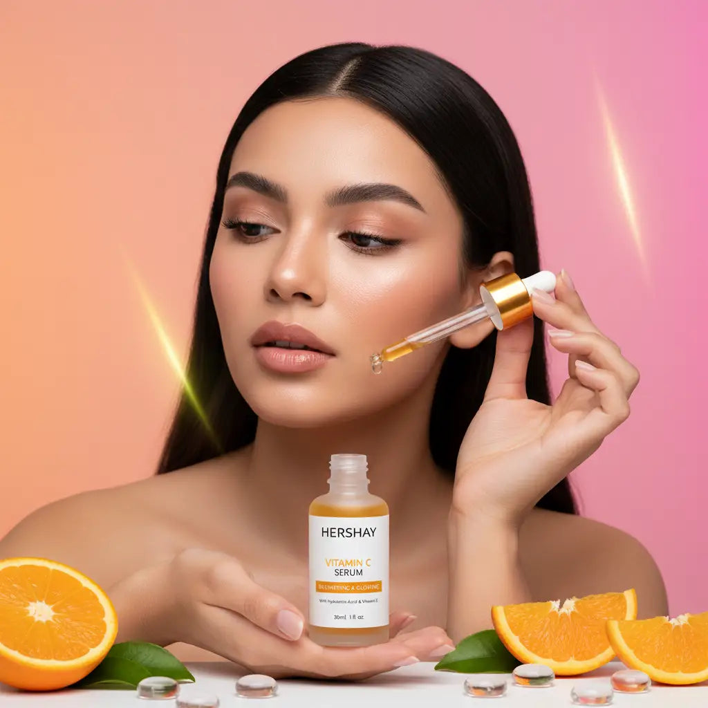 Woman applying a skincare serum with oranges and Hershay serum bottle on a pink background