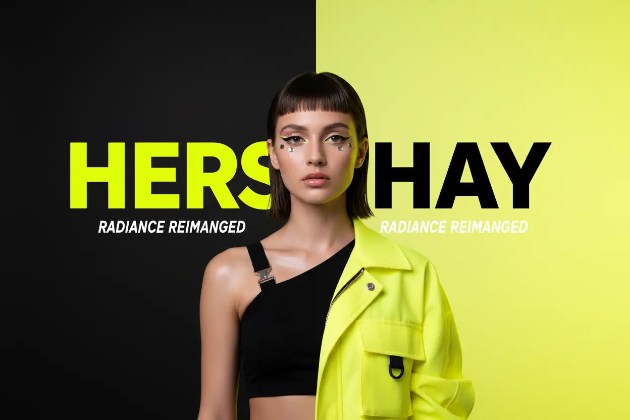 A model with a straight dark fringe cutout wears a black asymmetrical top and a neon yellow jacket, set against a split black and neon yellow background with the text 'HERSHAY' and 'RADIANCE REIMANGED'.
