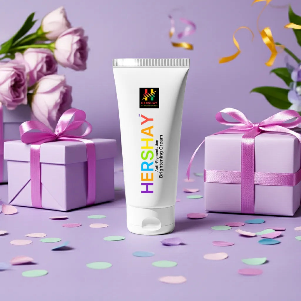 HERSHAY cream tube with gift boxes and flowers on a purple background

