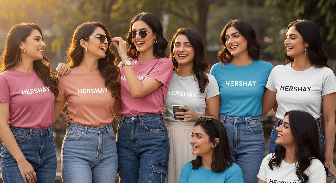 Group of women wearing Hershay-themed t-shirts outdoors.

