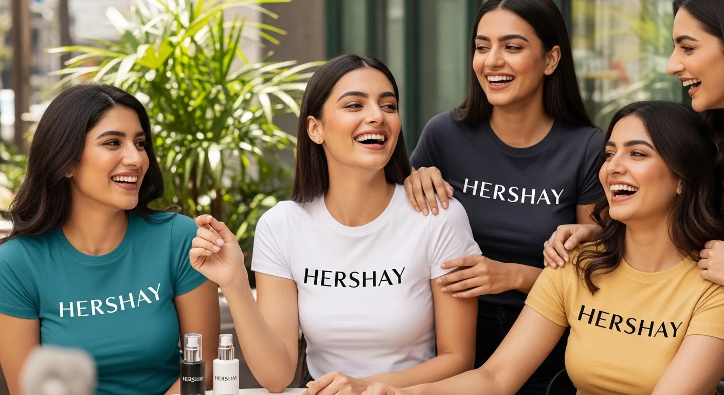 Group of women wearing Hershay branded shirts outdoors.


