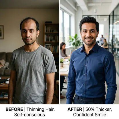 Before and after comparison of a man with thinning hair solution treated with hershay hair oil
