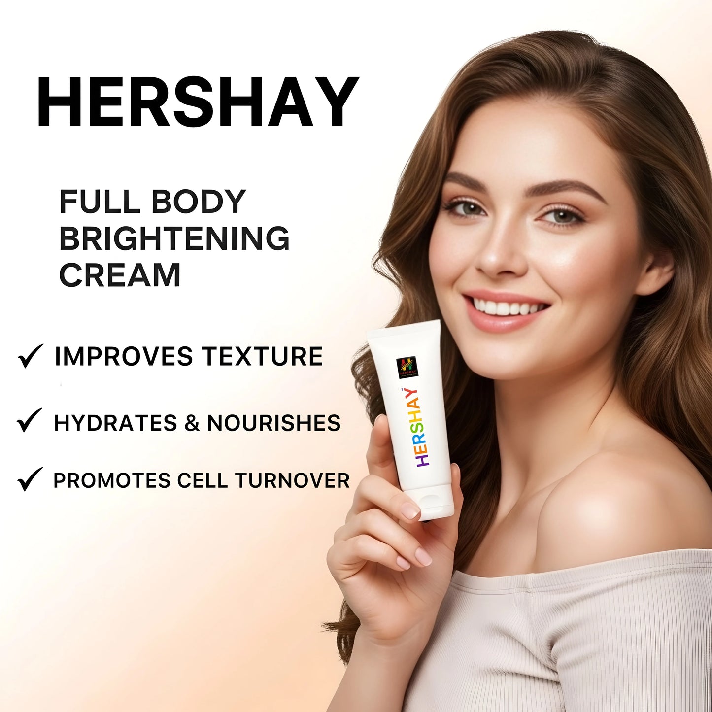 Woman holding a HERSHAY skincare product against a white background

