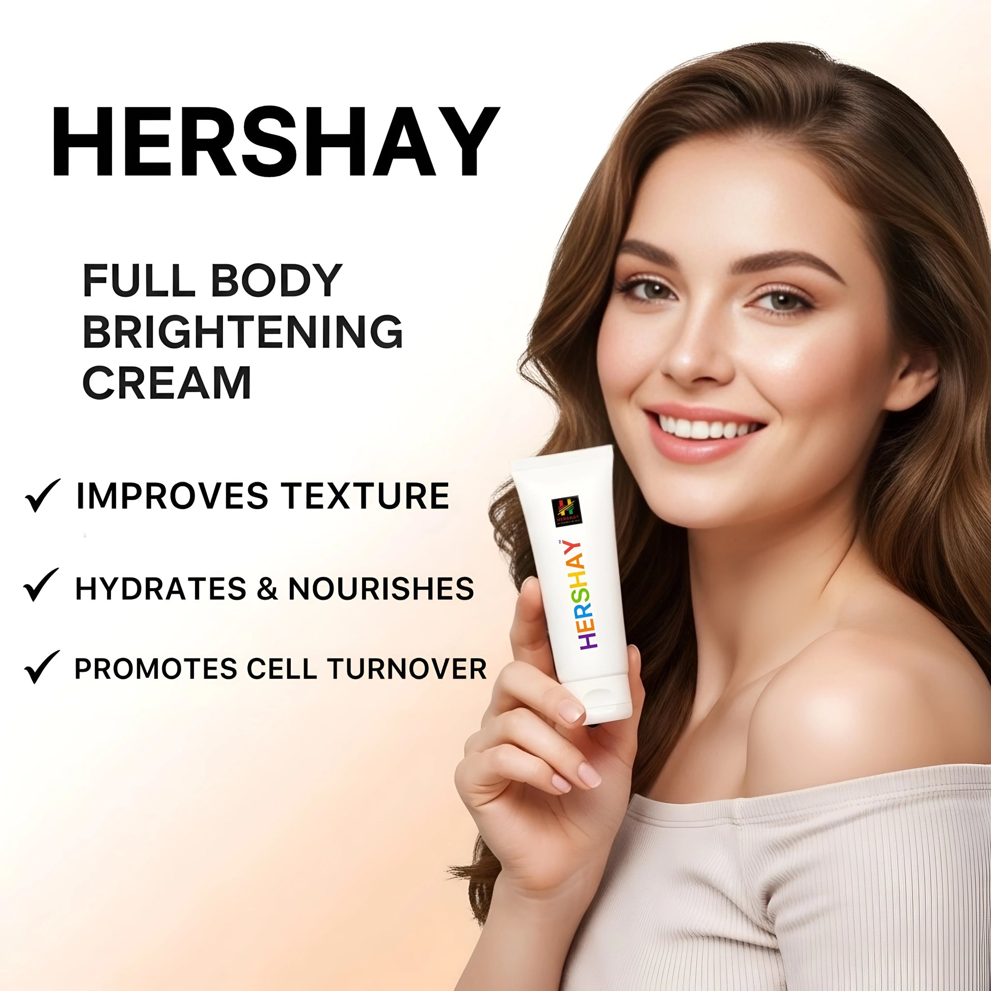Woman holding a HERSHAY skincare product against a white background

