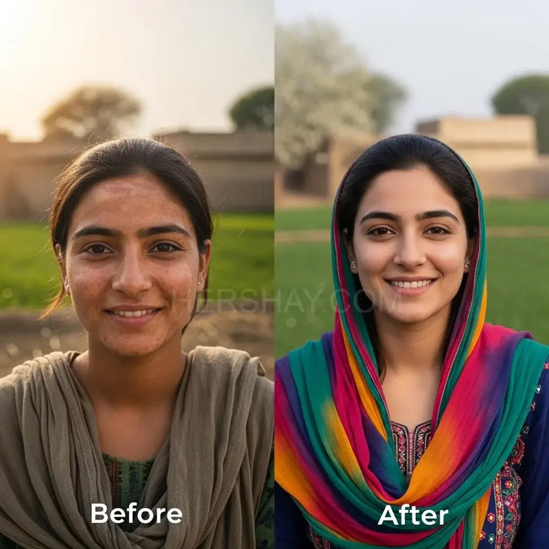 Before and after comparison of a woman wearing a colorful scarf outdoors.

